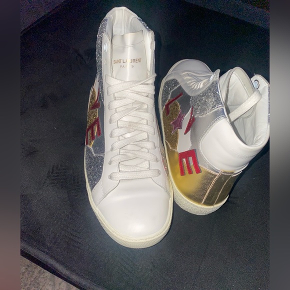 Yves Saint Laurent Shoes - YSL Authentic white leather high top LOVE glitter women’s sneaker size 38 no box